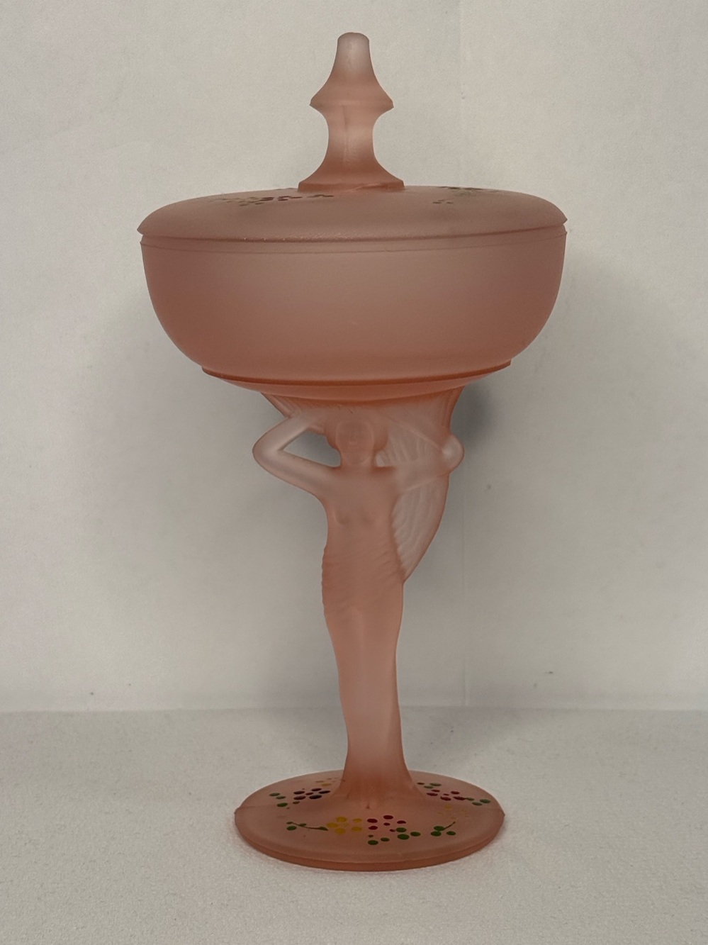 Pink Frosted Glass Compote with Lady Figurine Stem - Pink Depression Glass?